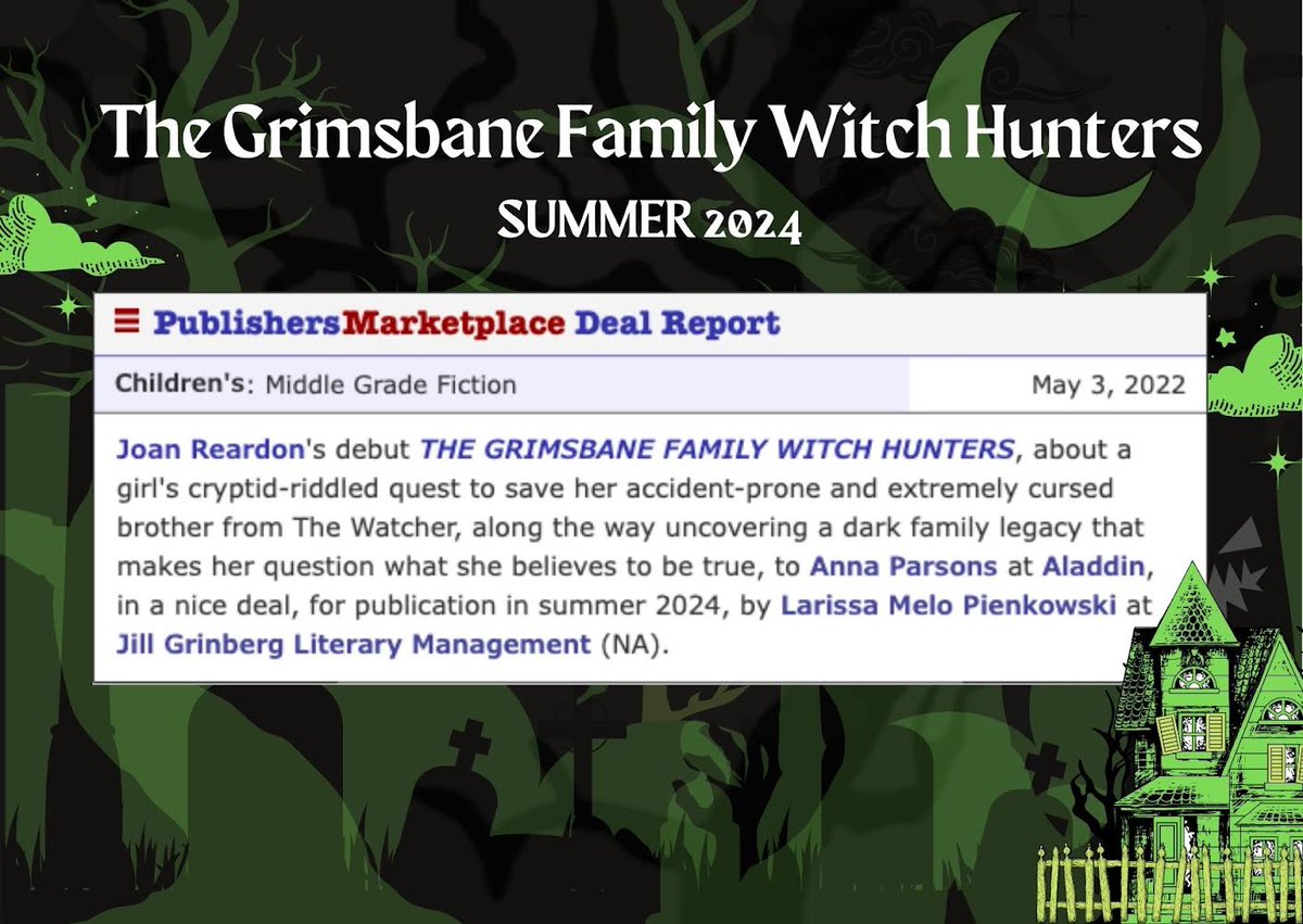 writingreardon's tweet photo. The Grimsbane Family Witch Hunters hits shelves Summer 2024!

So excited to work with @annaparsona and share this spooky MG story ft. witches, curses, and cryptids with readers. Huge thanks to my agent @lmpnk for her hard work and @bansheethekid for the awesome character art. https://t.co/OlrYQY7eXV