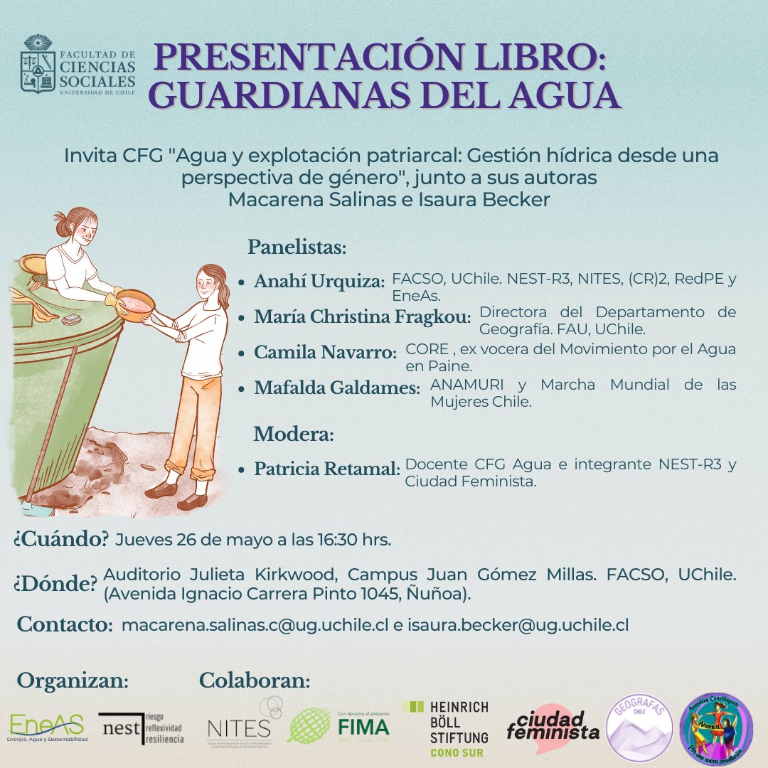 ONG FIMA (@fima_chile) on Twitter photo ¡Anótalo en la agenda ✍🏼 !
Desde la Facultad de Ciencias Sociales de la <a href="/uchile/">Universidad de Chile</a> invitan a la presentación del libro "Guardianas del agua💧 ".
🗓️ : Jueves 26 de mayo
⏰ : 16:30 hrs.
📍 : Auditorio Julieta Kirkwood, Facultad de Ciencias Sociales de la Universidad de Chile ¡Anótalo en la agenda ✍🏼 !
Desde la Facultad de Ciencias Sociales de la <a href="/uchile/">Universidad de Chile</a> invitan a la presentación del libro "Guardianas del agua💧 ".
🗓️ : Jueves 26 de mayo
⏰ : 16:30 hrs.
📍 : Auditorio Julieta Kirkwood, Facultad de Ciencias Sociales de la Universidad de Chile