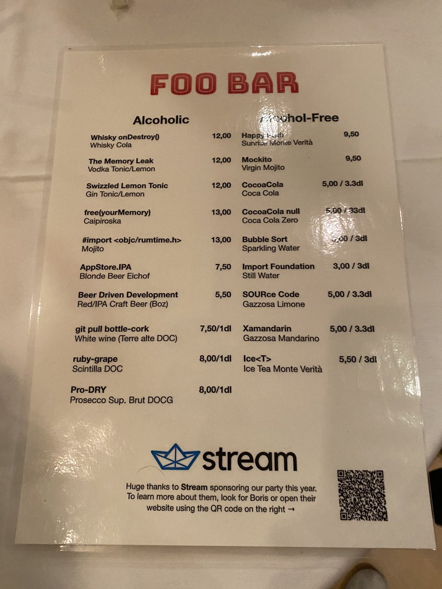 terhechte's tweet photo. I have to say I really like the menu of the foo bar #appbuilders https://t.co/MLPsRfkI5N
