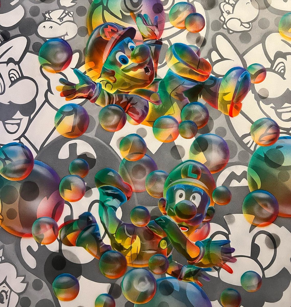 #nme1 - SUPER BUBBLE MARIO BROS -
The latest bubble edition painting to drop.
Painted on wood board.
Signed and numbered.
Size- 80 x 87 cm 

Dm for info or email from page…..

Video close up- fb.watch/d2bQ8M1jI1/