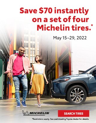 WorldToyotaATL's tweet photo. Save $70 instantly on a set of four Michelin tires. *

Contact a Tire Expert: 833-539-8669 or use the link below to search for tires: 
https://t.co/nASL0PIw0y

*Restrictions apply. See participating local Toyota dealer for details. Offer available May 15–29, 2022. https://t.co/4uJte7iViu