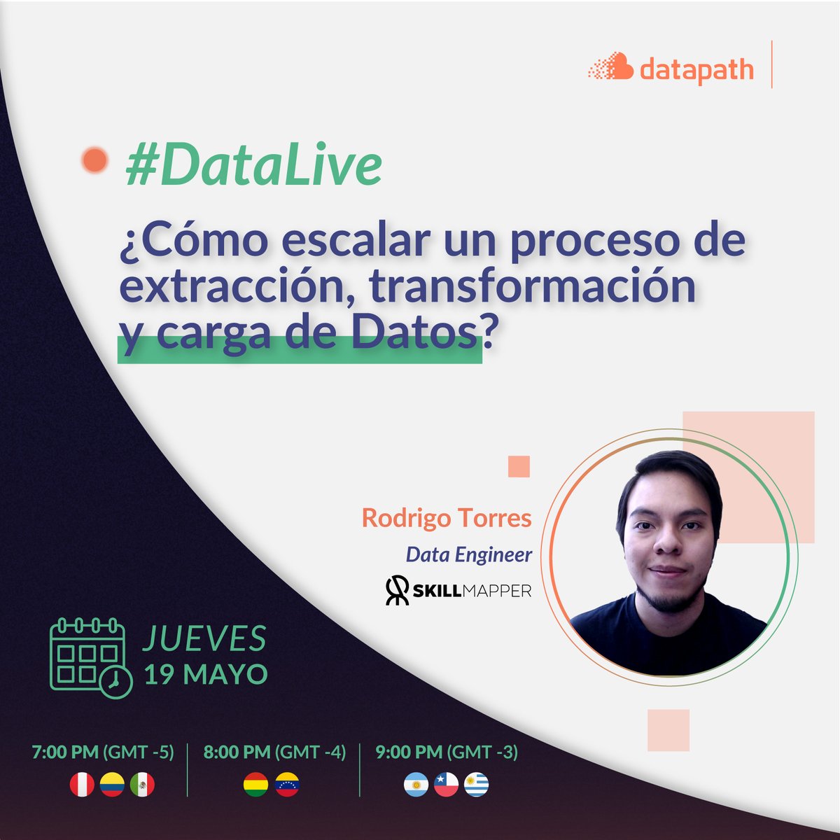 datapath_ai's tweet photo. 📌#𝐃𝐚𝐭𝐚𝐋𝐢𝐯𝐞 "¿𝐂𝐨́𝐦𝐨 𝐞𝐬𝐜𝐚𝐥𝐚𝐫 𝐮𝐧 𝐩𝐫𝐨𝐜𝐞𝐬𝐨 𝐝𝐞 𝐞𝐱𝐭𝐫𝐚𝐜𝐜𝐢𝐨́𝐧, 𝐭𝐫𝐚𝐧𝐬𝐟𝐨𝐫𝐦𝐚𝐜𝐢𝐨́𝐧 𝐲 𝐜𝐚𝐫𝐠𝐚 𝐝𝐞 𝐝𝐚𝐭𝐨𝐬?" ✨

📆 𝐉𝐮𝐞𝐯𝐞𝐬 𝟏𝟗 𝐝𝐞 𝐌𝐚𝐲𝐨
⌚ 7:00 pm (GMT-5)

👉Regístrate aquí:
https://t.co/O5Ry0KrI2Z https://t.co/UFUsvC1ro3