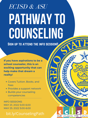 ECISDCounselors's tweet photo. Attention ECISD teachers, we have an AWESOME opportunity for aspiring counselors! Sign up to learn more about the Pathway to School Counseling program here: https://t.co/1ZvB5ga14E 
@EcisdTalented @EctorCountyISD @ecisdHR @ToandThroughSC @CTE_ECISD https://t.co/J9YWa6VdGr