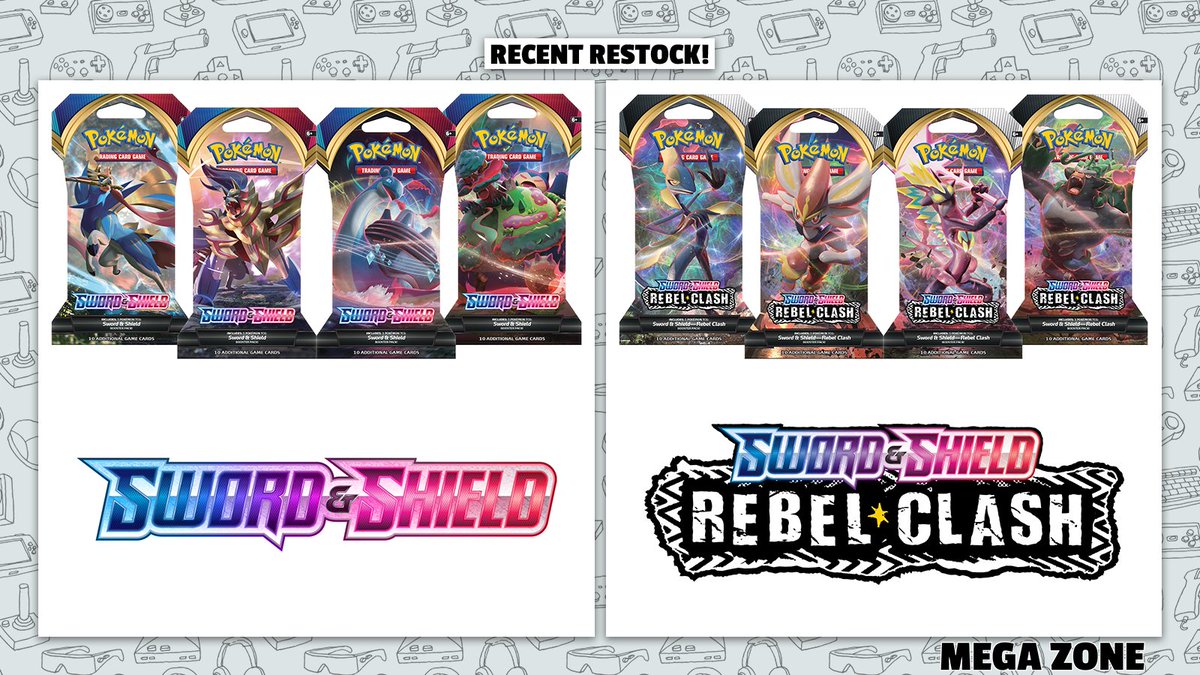 MegaZone_'s tweet photo. RECENT RESTOCK TIME! ✨

A new batch of #Pokémon TCG: #SwordAndShield AND #RebelClash Sleeved Booster Packs have entered the store.

What is your 💕favorite artwork of these booster packs?

Be sure to order while supplies last: https://t.co/BXO5KNJV78 https://t.co/ImQq4BzyIW