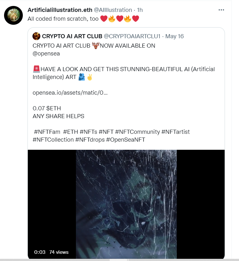 CRYPTOAIARTCLU1's tweet image. Happy to get recognized by 
@AIIllustration @opensea 
 
Thanks alot for your support and guidance