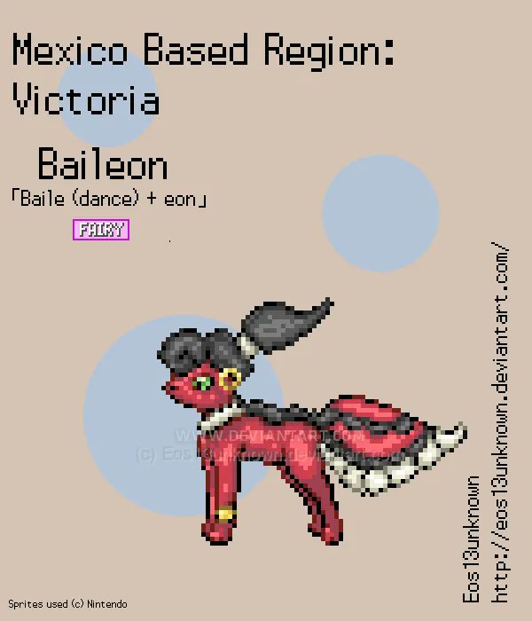 Eos13unknown's tweet photo. This is my third installment in the series I'm doing. This region is based off of Mexico and is called Victoria.

Zoreon is loosely based on Zorro. Baileon is based on flamingo dancers. Muertaseon is based on Dia de los Muertos. Oceleon is based on Ocelots. #Eeveelution #Eevee https://t.co/q8VqUEtsF1