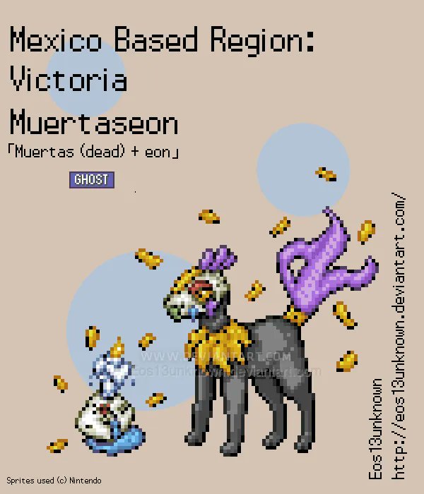 Eos13unknown's tweet photo. This is my third installment in the series I'm doing. This region is based off of Mexico and is called Victoria.

Zoreon is loosely based on Zorro. Baileon is based on flamingo dancers. Muertaseon is based on Dia de los Muertos. Oceleon is based on Ocelots. #Eeveelution #Eevee https://t.co/q8VqUEtsF1