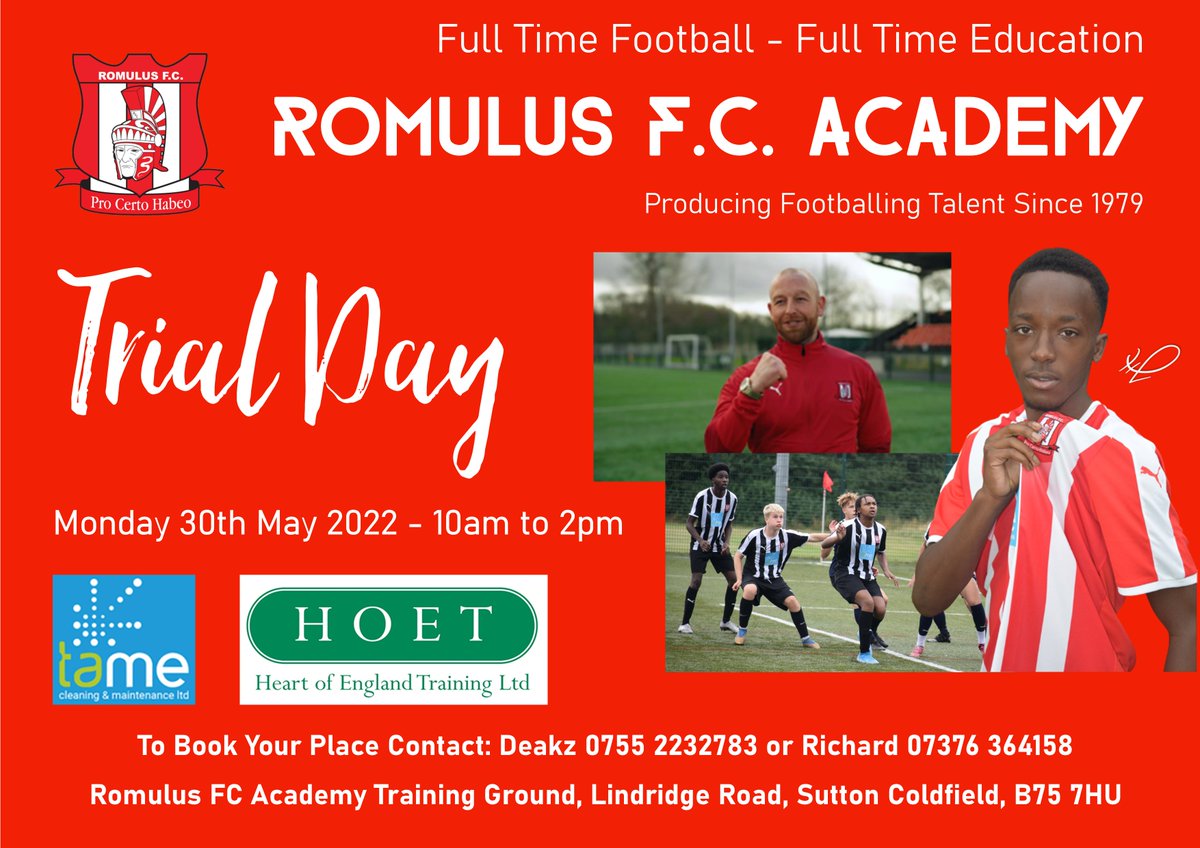 Roms_Education's tweet photo. Any current school year 10 or 11s who are looking to join a full time football/education programme when they leave school, we have a trial day on the 30/05! Contact Academy Manager Deakz for further details on 07552232783 or grahamdeakin@romulusacademy.co.uk
@HOET_ @TameCleaning https://t.co/tQPZtE6n1r