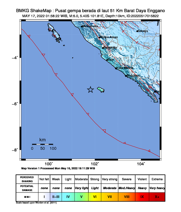 infoBMKG's tweet photo. #Gempa Mag:6.0, 17-Mei-22 01:58:22 WIB, Lok:5.40 LS, 101.81 BT (Pusat gempa berada di laut 51 Km Barat Daya Enggano), Kedlmn:10 Km Dirasakan (MMI) III - IV Kota Bengkulu, III - IV Bengkulu Utara, III Kepahiang, III Rejang Lebong, IV-V Enggano #BMKG https://t.co/WI90zK351H