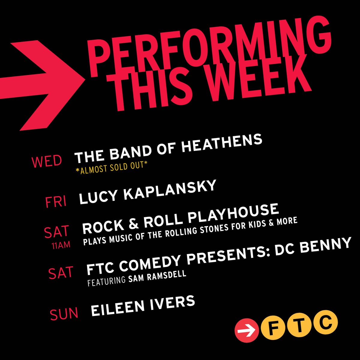 Upcoming This Week: WED: @BandofHeathens (only a few tickets left!) ▸ FRI: folk artist, @lucykaplansky ▸ SAT: Rock & Roll Playhouse plays music of the Rolling Stones ▸ SAT: FTC Comedy Presents: @dcbenny featuring, @samramsdell5 ▸ SUN: American fiddler, @eileenivers 🎻 🎤 🎶