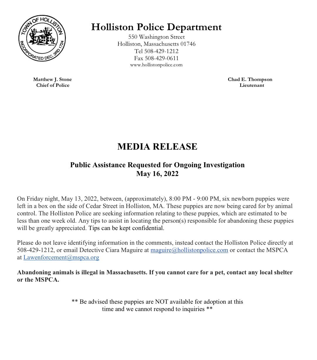 Holliston Police on Twitter "The Holliston Police Department, in
