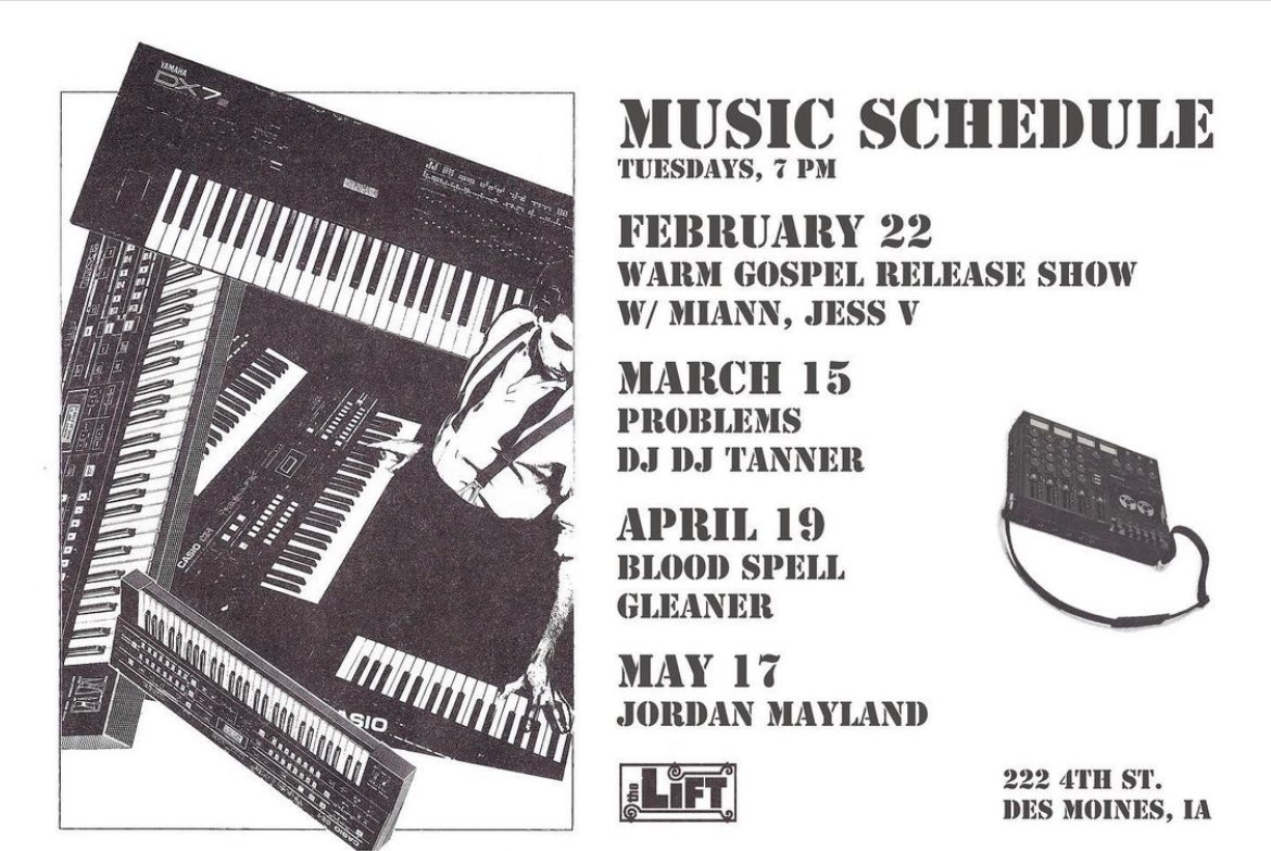 jordanmayland's tweet photo. I’ll be playing at The Lift Tuesday at 7:00! Free 21+, lots of synth, improv, Jmay favs, guitars, Phil Young helping w rad visuals, &amp; all proceeds goto @CARE to benefit families of Ukraine. #jmayplays #soloset #synth https://t.co/Gw6YvTZ6b1