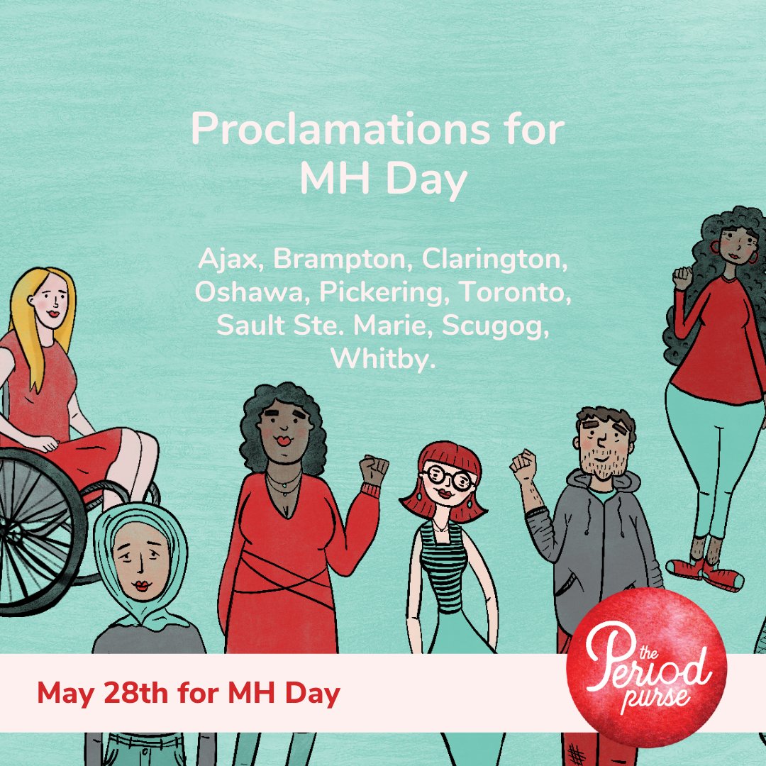 On May 28th the following towns and cities will proclaim it <a href="/MHDay28May/">MenstrualHygieneDay</a> in support of #MenstrualEquity 📣

<a href="/TownOfAjax/">Town of Ajax</a> <a href="/CityBrampton/">City of Brampton</a> <a href="/ClaringtonON/">Municipality of Clarington</a> <a href="/oshawacity/">City of Oshawa</a> <a href="/CityofPickering/">City of Pickering</a> <a href="/cityoftoronto/">City of Toronto 🇨🇦</a> <a href="/CitySSM/">Sault Ste. Marie</a> <a href="/TwpofScugog/">Township of Scugog</a> <a href="/TownofWhitby/">Town of Whitby, ON</a>