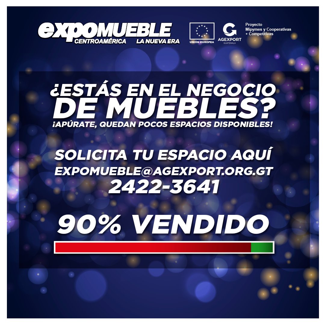 ¡No te quedes sin tu espacio!​
- 2,500 m².​
- Más de 50 empresas, nacionales​e internacionales.​
-Conferencias.​
-Rueda de negocios con compradores ​internacionales.​
Escríbenos: expomueble@agexport.org.gt ​o llámanos al 2422-3641.​
<a href="/UEGuatemala/">Unión Europea en Guatemala</a> <a href="/AGEXPORTGT/">AGEXPORT</a> 
#Expomuebles2022