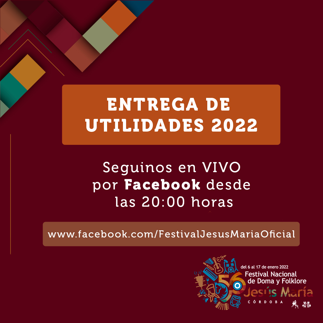 FestivalJM's tweet photo. Seguí toda la entrega de utilidades #ENVIVO desde nuestro Facebook 👉 HOY desde las 20:00 https://t.co/Rk2UJ7WRYE
#FestivalJM2022 #ColoryCraje #JesúsMaría #Aniversario #Edicion56 #JesusMaria https://t.co/j5hdJLBOlz