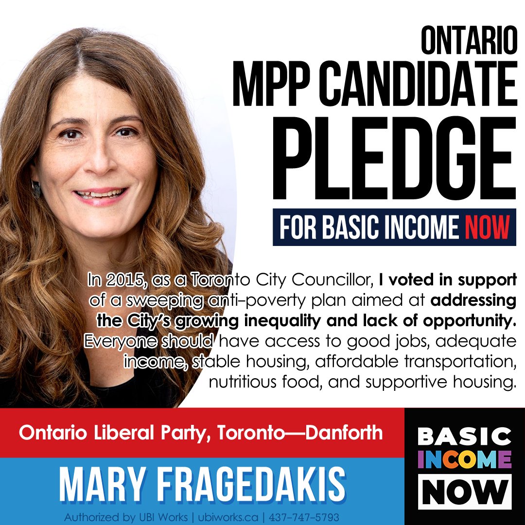 .<a href="/mfragedakis/">Mary Fragedakis</a> is running for <a href="/OntLiberal/">Ontario Liberal Party | Parti Libéral de l'Ontario</a> in Toronto—Danforth and has pledged to actively support the establishment of Basic Income if elected as MPP.

Thanks Mary! #ontarioelection #onpoli