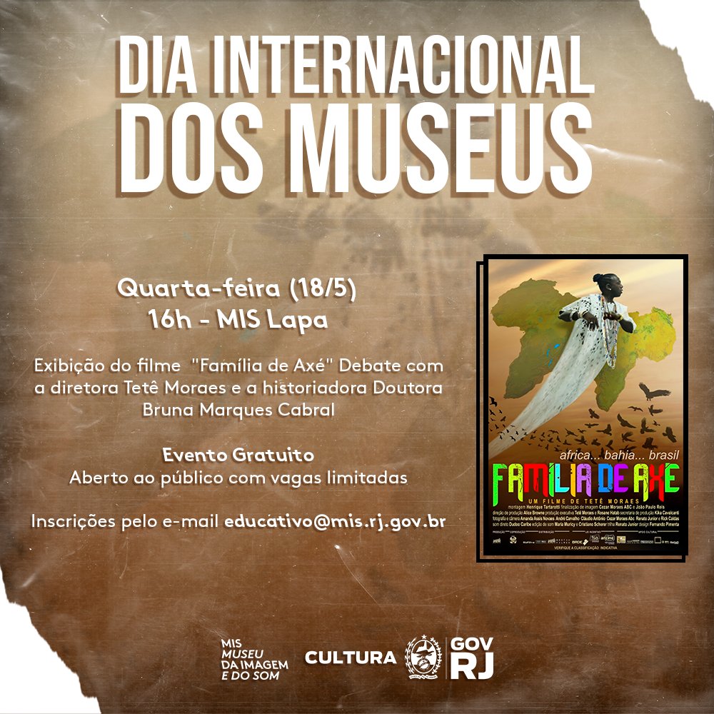 O MIS RJ exibe, no Dia Internacional dos Museus, 18 de maio, quarta-feira, às 16h, o documentário “Família de Axé”, um registro importante para conhecer e entender a fé nas divindades africanas e lançar um olhar sobre nossa ancestralidade.
#VemProMISRJ #MISRJ