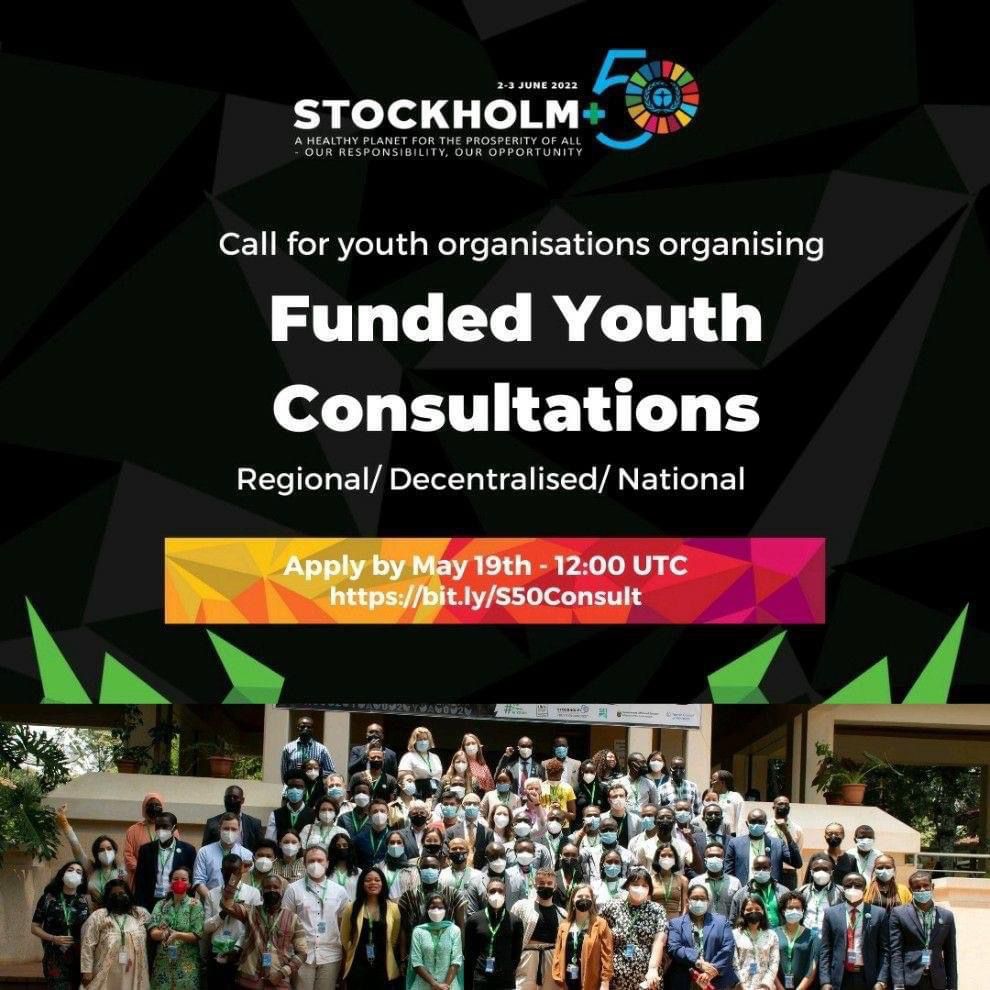 📢 Funded opportunity to organize regional/local #Youth consultation contributing to <a href="/StockholmPlus50/">Stockholm+50</a>

Details: bit.ly/3Ljnnza
Register before 19 May: bit.ly/S50Consult

#Youth2030 #Stockholm50