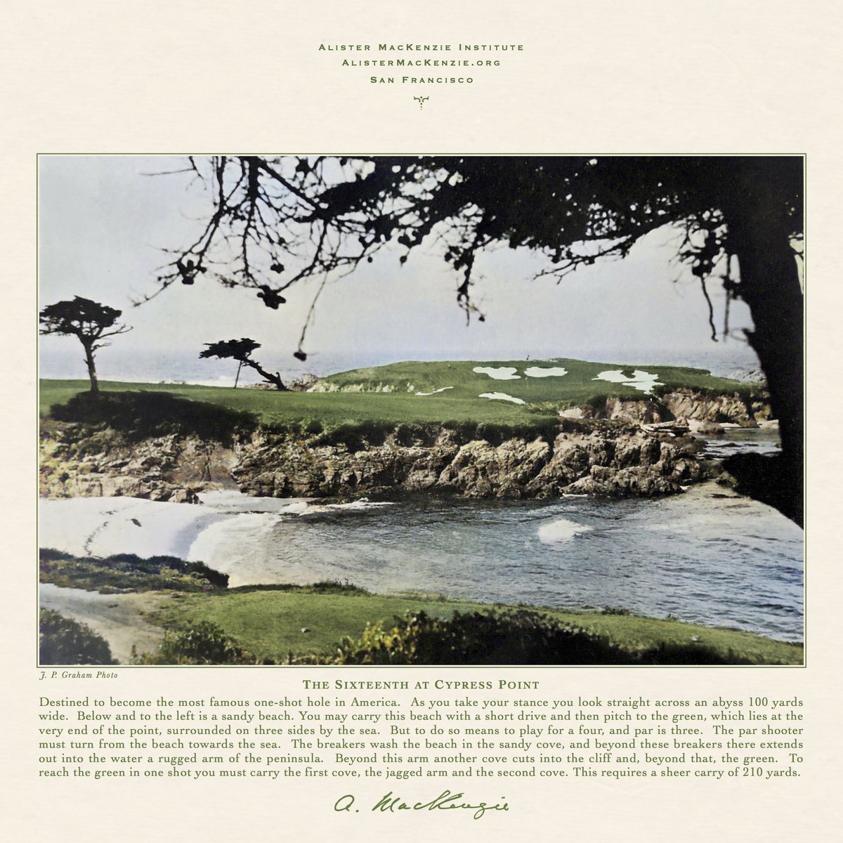 The Sixteenth at Cypress Point — Par 3 — 230 Yards.  Read Dr. MacKenzie’s article on the construction of perhaps his finest work: AlisterMacKenzie.org/articles/cypre…