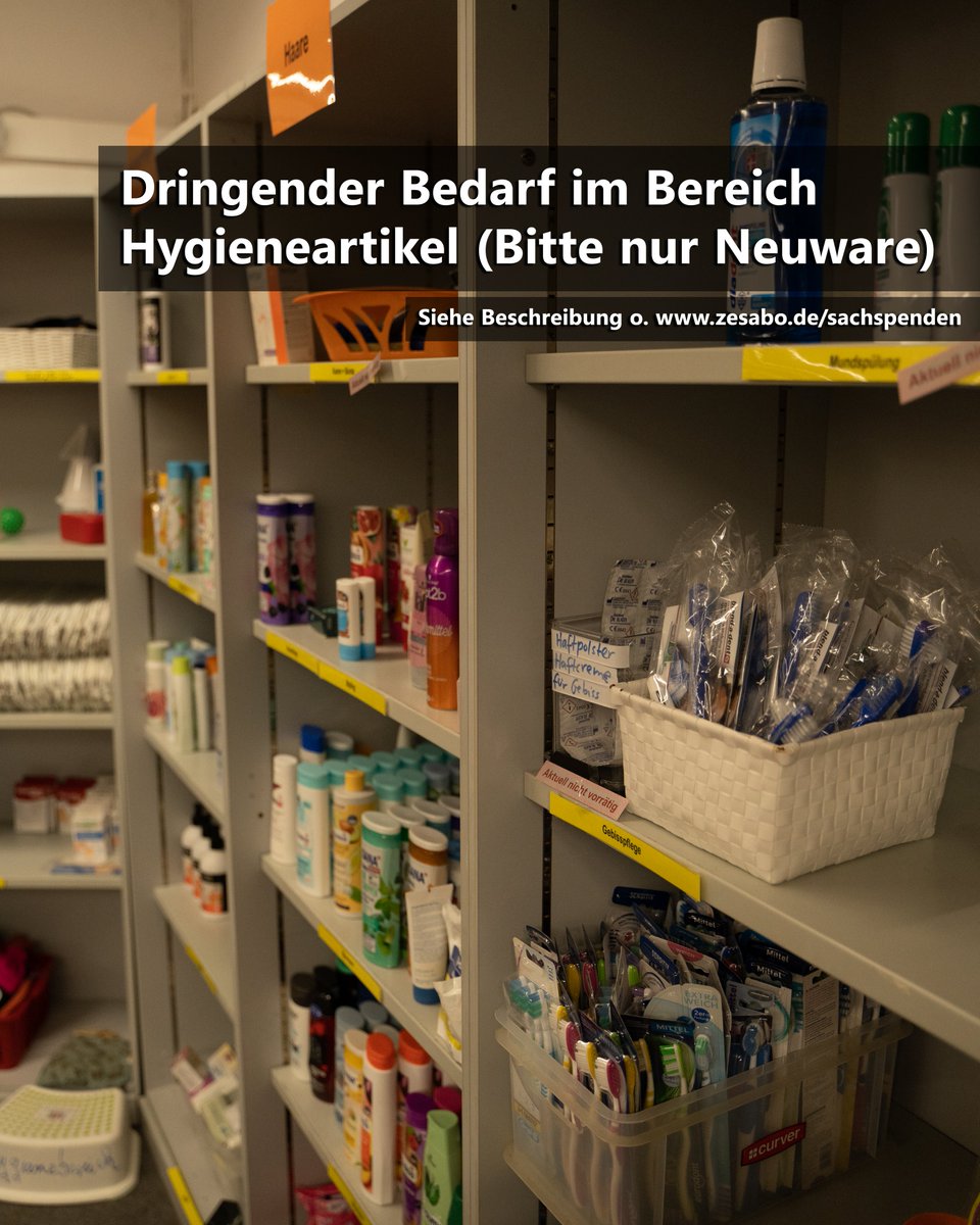 🛁 Dringender Bedarf im Bereich Hygieneartikel (bitte nur Neuware)🧽🪒🧴

💡 Eine Liste an dringend benötigten Artikel findet ihr auf Facebook + Insta. Aktuell gehaltene Bedarfslisten findet ihr auf unserer Website <3 zesabo.de/sachspenden