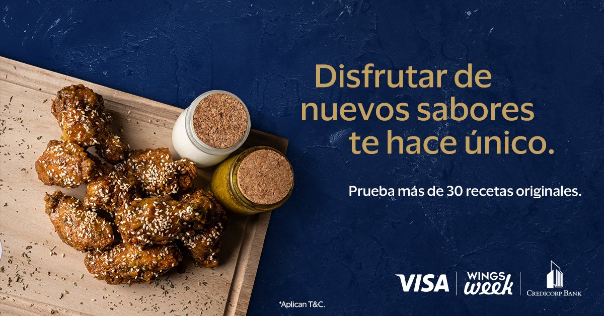 Disfruta de las mejores alitas y prueba más de 30 recetas. Paga con tu tarjeta Visa débito, crédito o prepago de Credicorp Bank y recibe beneficios.
👉🏼8 alitas originales + bebida hasta $10
👉🏼Válido desde el 10 al 25 de mayo de 2022.
👉🏼Más en week.pa. Aplican T&amp;C.