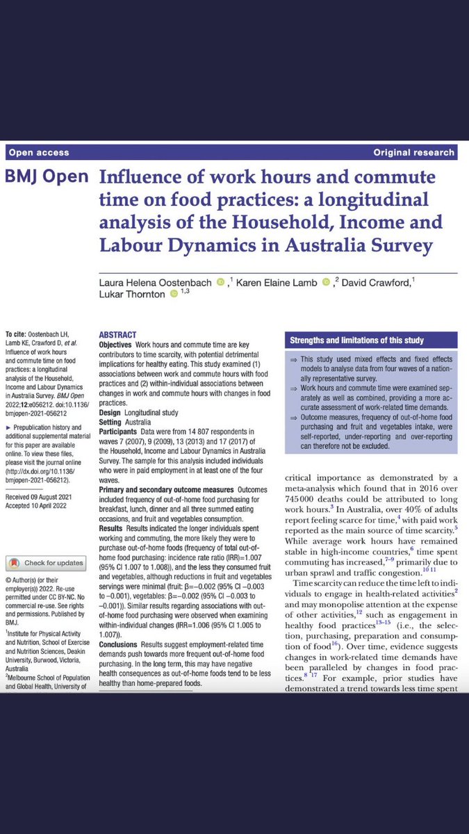What a fantastic NEW longitudinal analysis! 
Explores the influence of work hours and commute time on food practices ⏱🍔🍎
➡️ bit.ly/BMJ_Open1205 <a href="/bmj_company/">BMJ Group</a> 

Congrats authors 👏 
<a href="/LauraOostenbach/">Laura Oostenbach</a> @lukar_t @drklamb