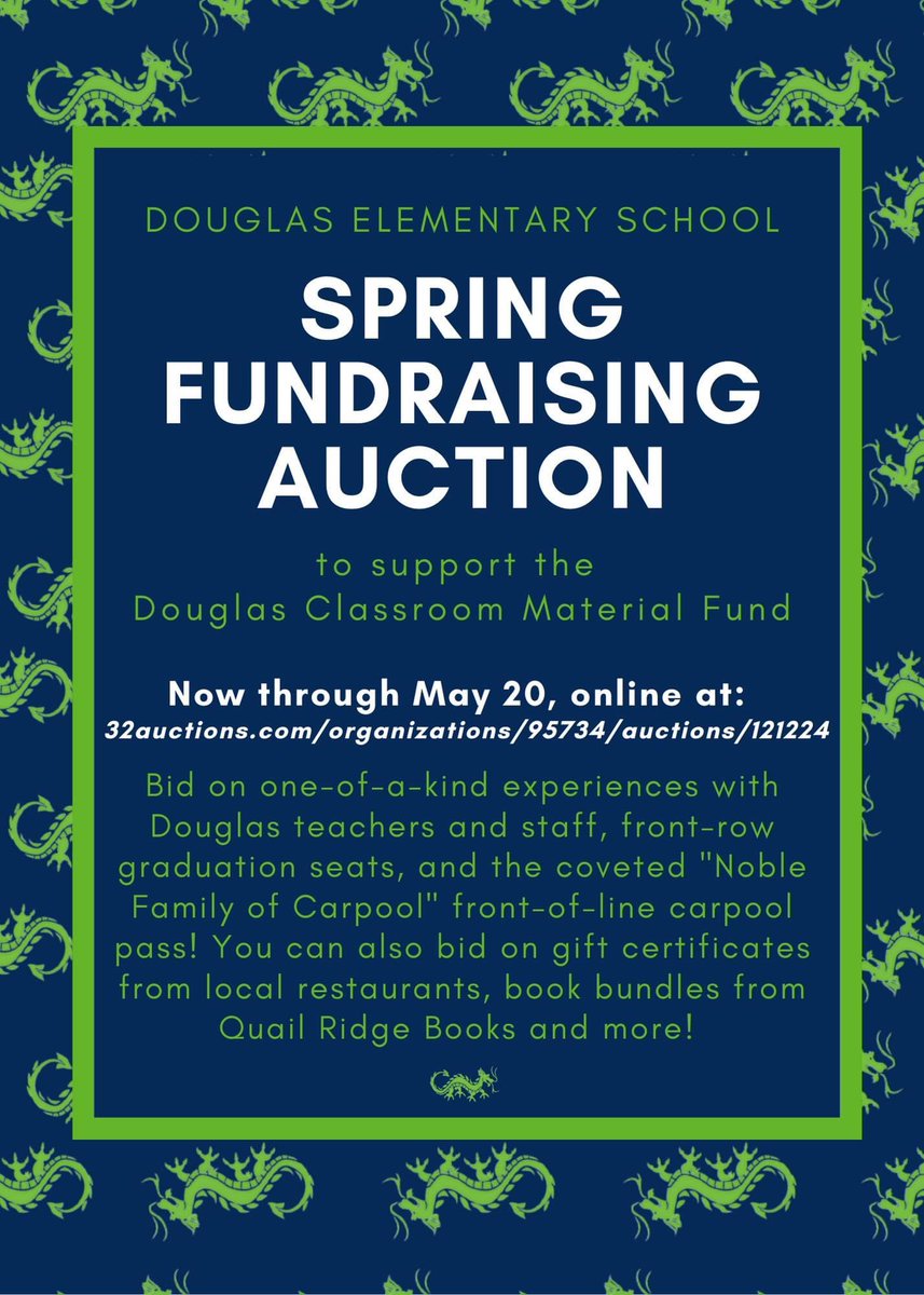 Douglas PTA (@ptadouglases) on Twitter photo What will you be bidding on: One-of-a-kind experiences with <a href="/DouglasESDragon/">Douglas Elementary</a> teachers/staff? Front-row graduation seats? The coveted front-of-line carpool pass?! You can also bid on gift certificates from local restaurants, book bundles and more. Bid now! 32auctions.com/DouglasSilentA… What will you be bidding on: One-of-a-kind experiences with <a href="/DouglasESDragon/">Douglas Elementary</a> teachers/staff? Front-row graduation seats? The coveted front-of-line carpool pass?! You can also bid on gift certificates from local restaurants, book bundles and more. Bid now! 32auctions.com/DouglasSilentA…