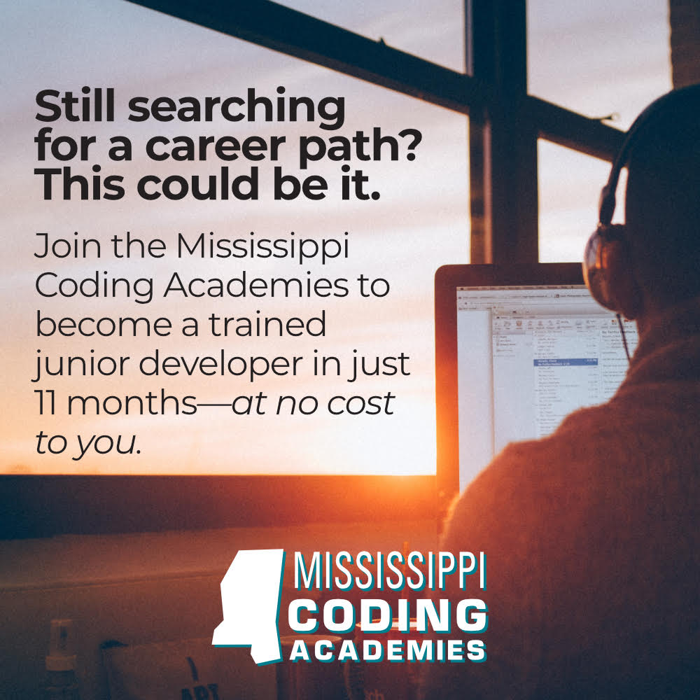 MSCodeAcademies's tweet photo. Graduating high school or college and have no idea what to do next? The Mississippi Coding Academies could be exactly what you are looking for. https://t.co/VE7XquAD8o #mca #learncoding #mcasuccessstory #coders #coding #mississippicodingacademies #mississippitech #applynow https://t.co/ZQDipr70m0