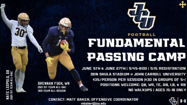 Two opportunities to get better this Summer!! Offensive &amp; Defensive Skill….Come join us <a href="/JCUFootball/">John Carroll Football</a> for Fundamental Passing Camp!!                                                                             Link: johncarrolluniversity.wufoo.com/forms/2022-jcu…