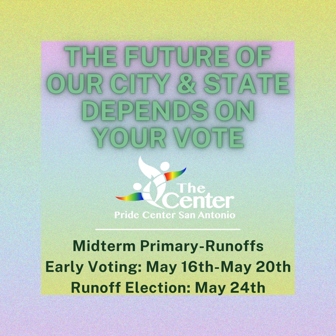 PrideCenterSA's tweet photo. Check your Voter Registration Status and find polling locations at: https://t.co/8z0PxJVTDl

#PrideCenterSA #midtermelections #QueerTheVote #LGBTQvoters #Texasrunoffs https://t.co/9Zx6JHXV6x