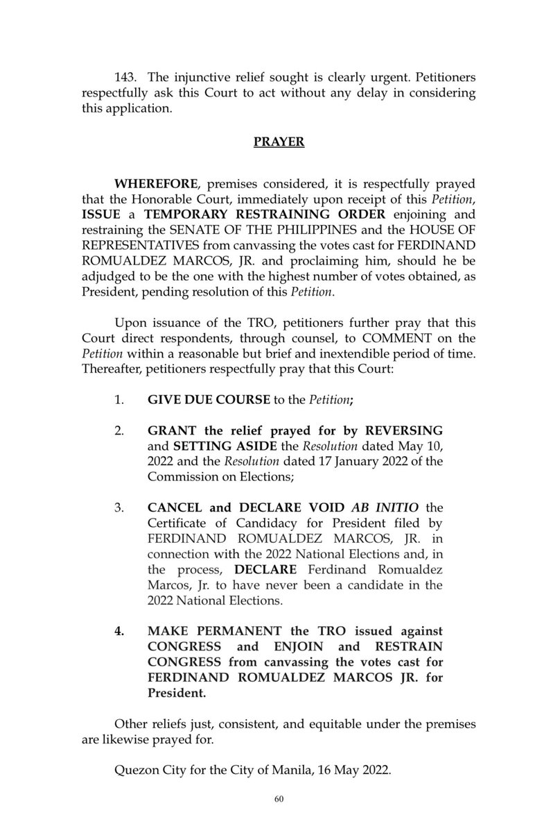 newswatchplusph's tweet photo. Fight shifts to Supreme Court.

Petitioners represented by Ted Te go to SC to ask for TRO to stop Congress from canvassing votes for presidential frontrunner Bongbong Marcos and proclaiming him, should he be adjudged to be the one with the highest number of votes | @anjocalimario https://t.co/6Bv4yejJpH