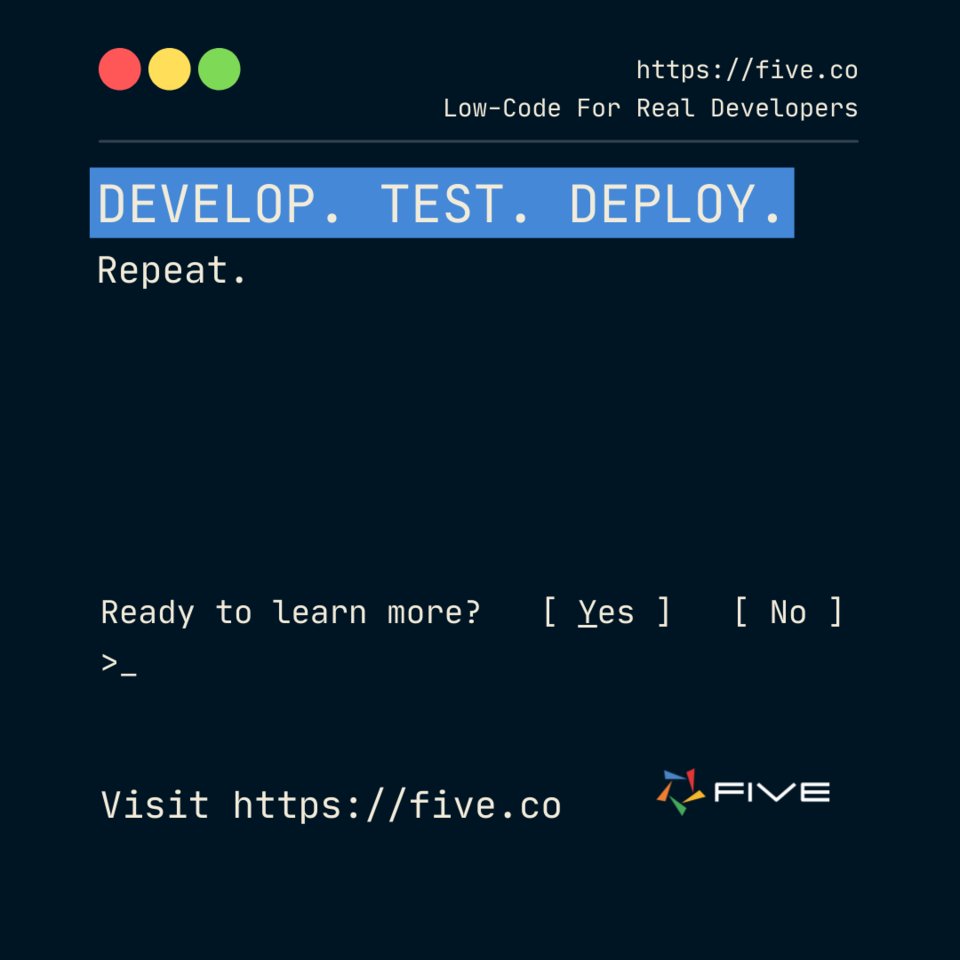 FiveDotCo's tweet photo. Develop. Test. Deploy. Repeat. 
Proper software release management in low-code. 

Find out more on https://t.co/tWEJjo7udB

#FiveNextGen # #LowCode #SoftwareEngineering #AppDevelopment https://t.co/1Biwks8inH
