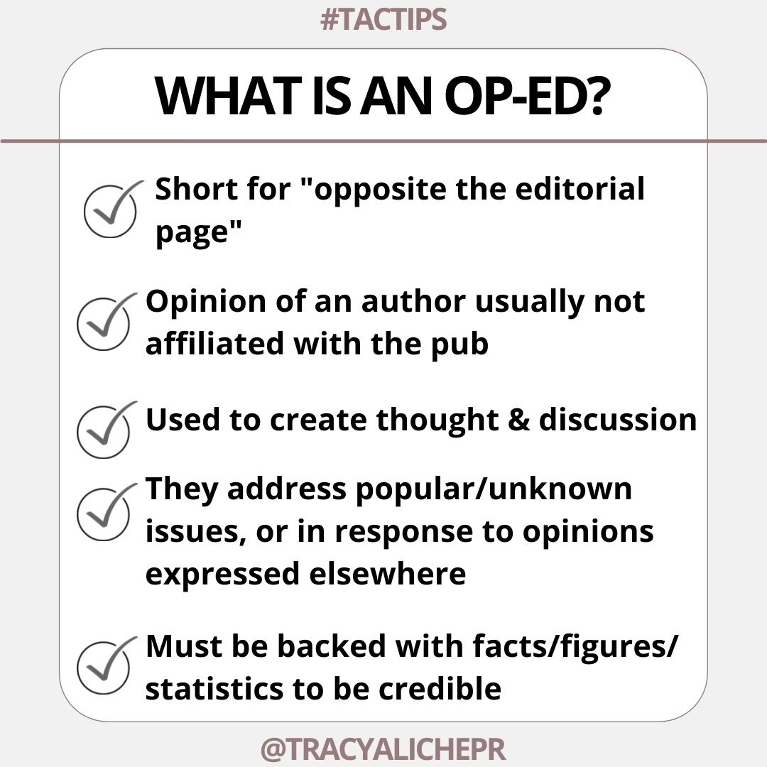 TracyAlichePR's tweet photo. Ever wonder how to land an Op-ed piece? See our checklist breaking everything down.
Utilize op-eds to reach new audiences, and help position you as a thought leader in your industry.
#OpEd #TracyAlicheConsulting #TACtips #PublicRelations #Press #Media https://t.co/jjPGsuzcVG