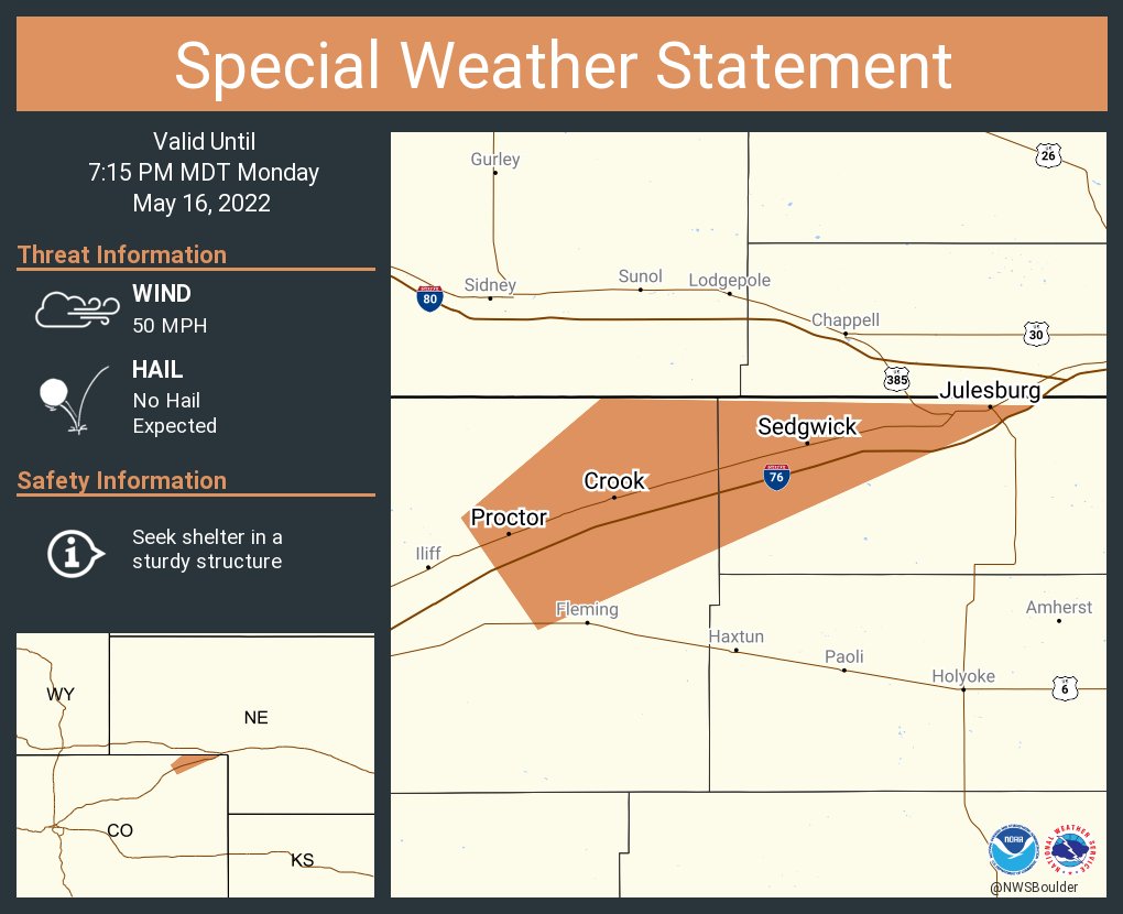 NWSBoulder's tweet photo. A special weather statement has been issued for Julesburg CO, Ovid CO and  Sedgwick CO until 7:15 PM MDT #COwx https://t.co/NFYGf7cX3d