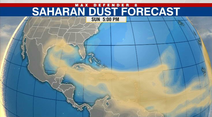 WFLA's tweet photo. IT'S COMING BACK! The first round of Saharan dust is making its way across the Atlantic and toward the Gulf Coast. 

@WFLARebecca has details: https://t.co/IbwYUJOwKD https://t.co/ElgaJVltHf