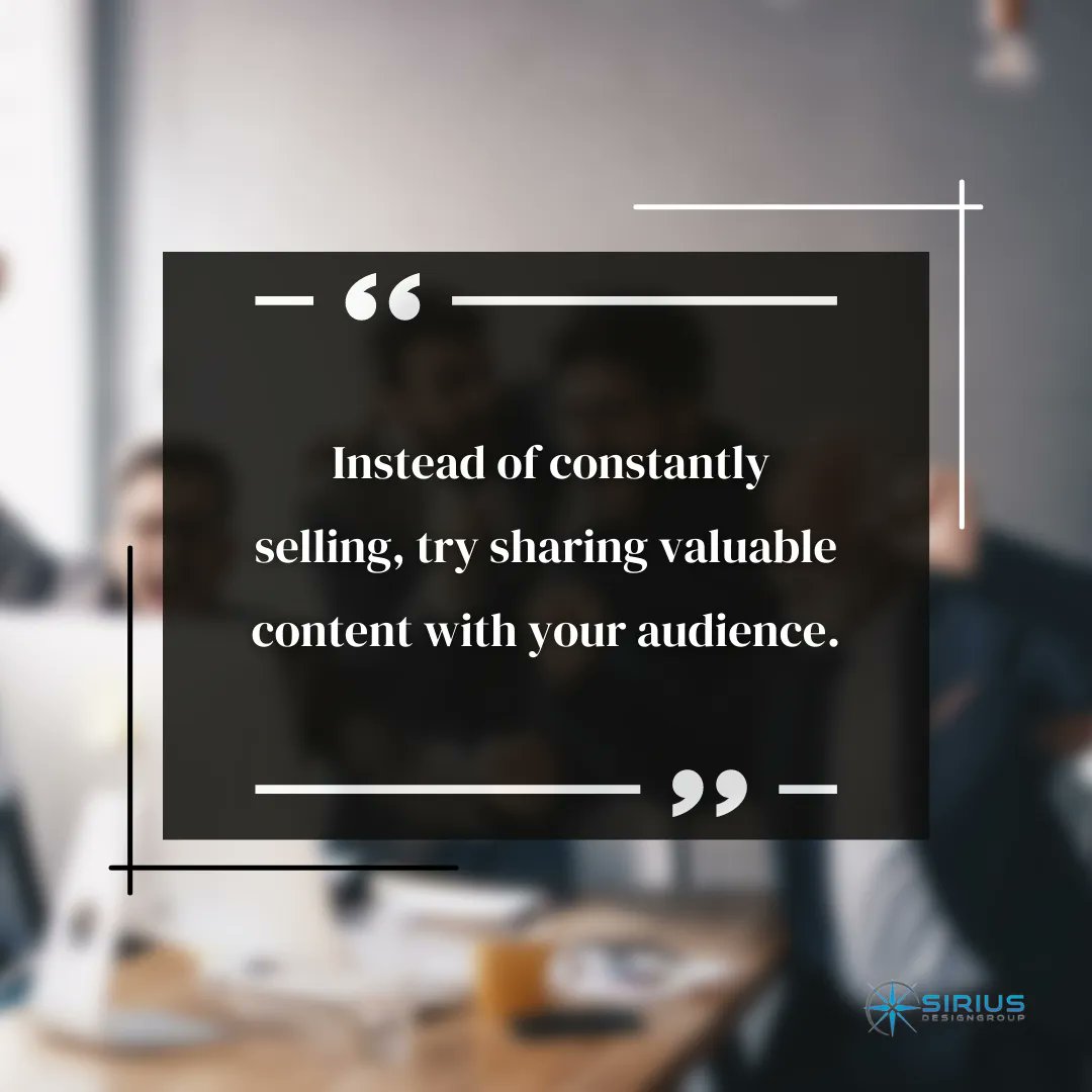 siriusdesigngrp's tweet photo. It's not a bad thing to sell and advertise your products and services online, the trick is to do it in a way that doesn't feel like you are forcing people to buy. 

So, instead of constantly selling, try sharing valuable content with your audience.

#socialmediamarketing https://t.co/aJeaTA1MUm