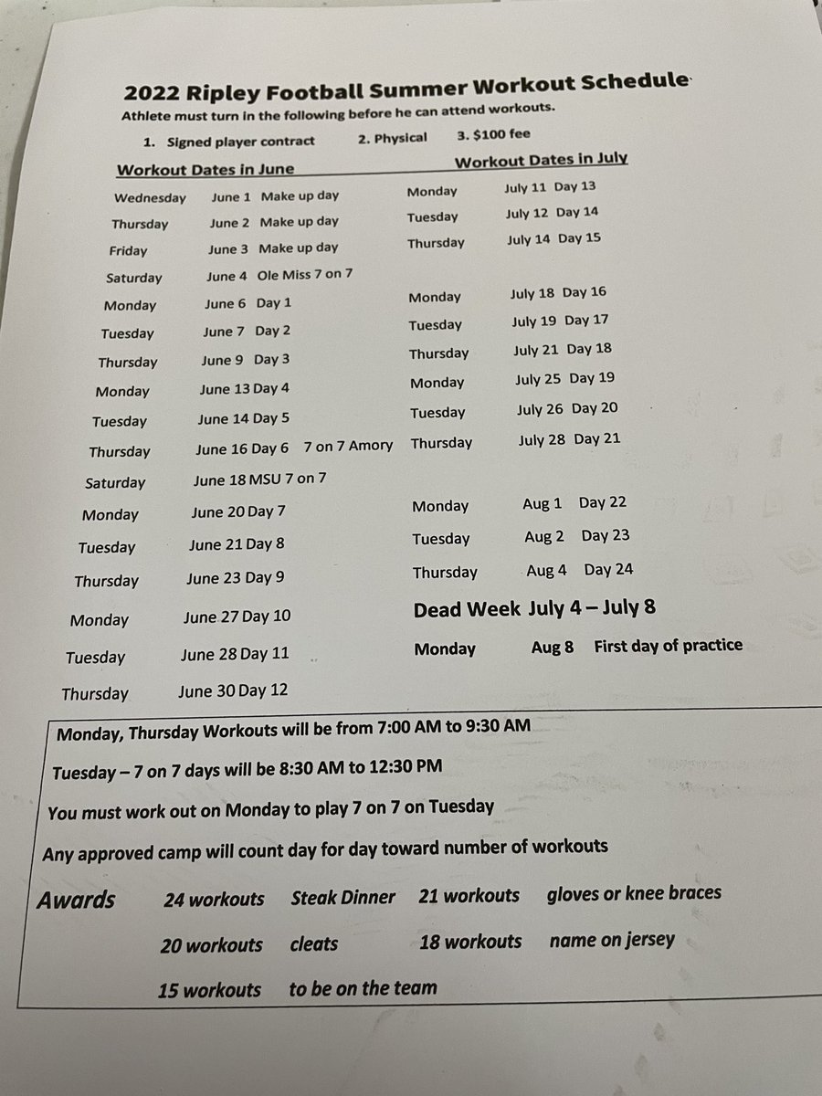 ripley_tiger's tweet photo. Summer Schedule. Championships are won in the offseason. #FallStartsNow https://t.co/y7Wt2l28D3
