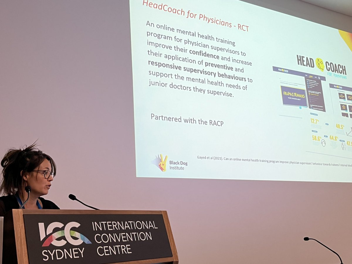 Samuel_Harvey's tweet photo. @AimeeGayed presenting her RCT of physician supervisor mental health training. Results shows we can train senior doctors to behave differently towards their junior doctors. #RANZCP2022 https://t.co/XXW0nhm4I5