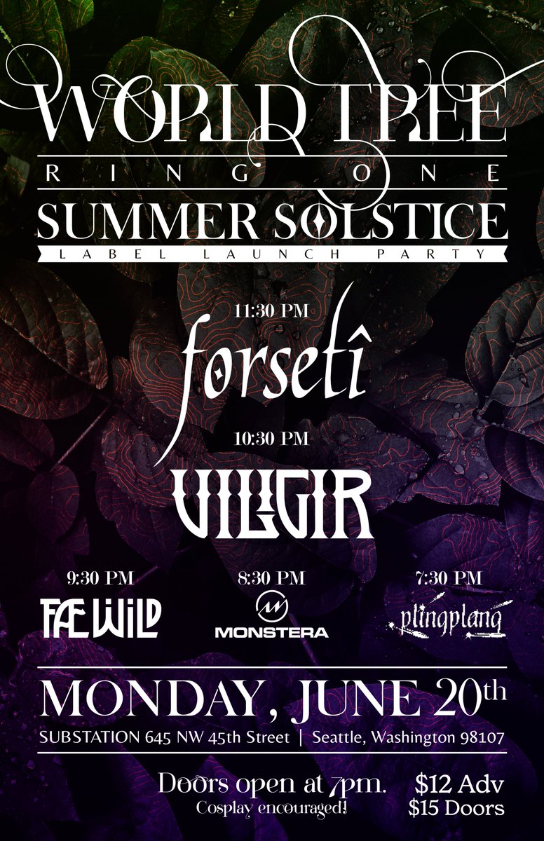 forseti_music's tweet photo. Seattle! Come join @viligir and I for a fantastical night of festivities as we celebrate the launch of our new label @WorldTreeRecs on the Summer Solstice, June 20th! Come see what Fantasy Dance Music is all about 🧝‍♂️🧙‍♂️🌱🍄🌲☀️
Tickets &amp; event: https://t.co/IPsUYuQdpP https://t.co/3L9vKEoVbd