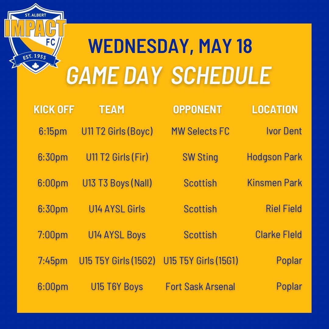 SASA_Impact's tweet photo. Lots of exciting action going on this week with all of our teams! Here’s a complete schedule of all our teams competing! #GoImpactGo 🔵🟡🔵 https://t.co/7PgzFHngzd