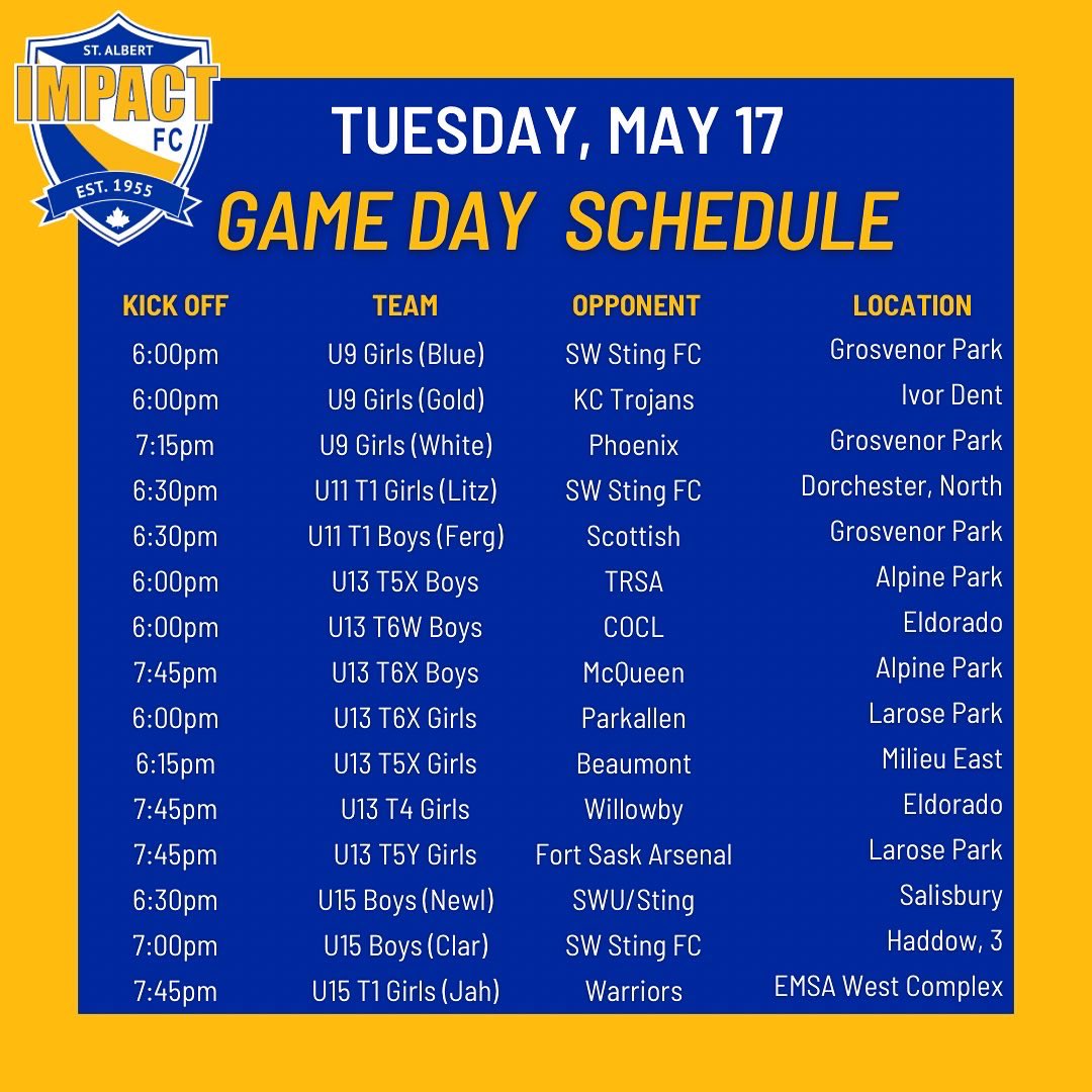 SASA_Impact's tweet photo. Lots of exciting action going on this week with all of our teams! Here’s a complete schedule of all our teams competing! #GoImpactGo 🔵🟡🔵 https://t.co/7PgzFHngzd