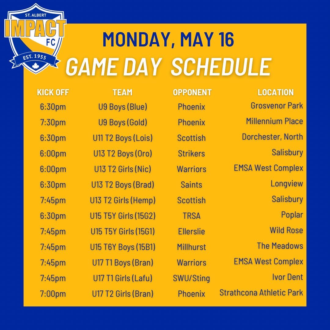 SASA_Impact's tweet photo. Lots of exciting action going on this week with all of our teams! Here’s a complete schedule of all our teams competing! #GoImpactGo 🔵🟡🔵 https://t.co/7PgzFHngzd