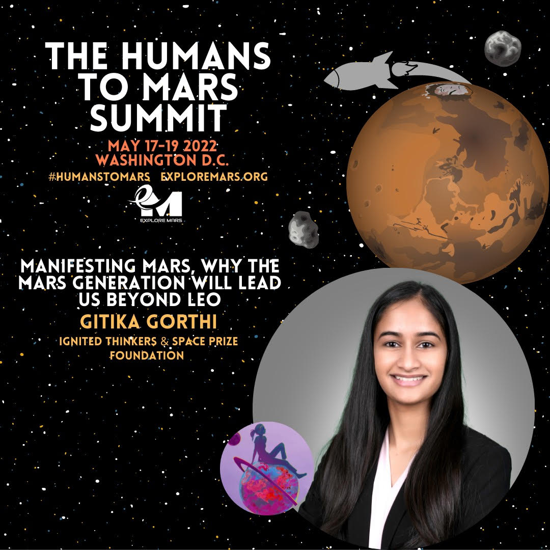 GitikaGorthi's tweet photo. I am ecstatic to attend #TheHumans2MarsSummit & speak on empowering the diverse talents of the Mars Generation, who will lead humankind forward, through initiatives like @IgnitedThinkers & @thespaceprize.
Incredibly honored to speak before @NASA Administrator @SenBillNelson!✨🚀 https://t.co/u5pGFmv52Q