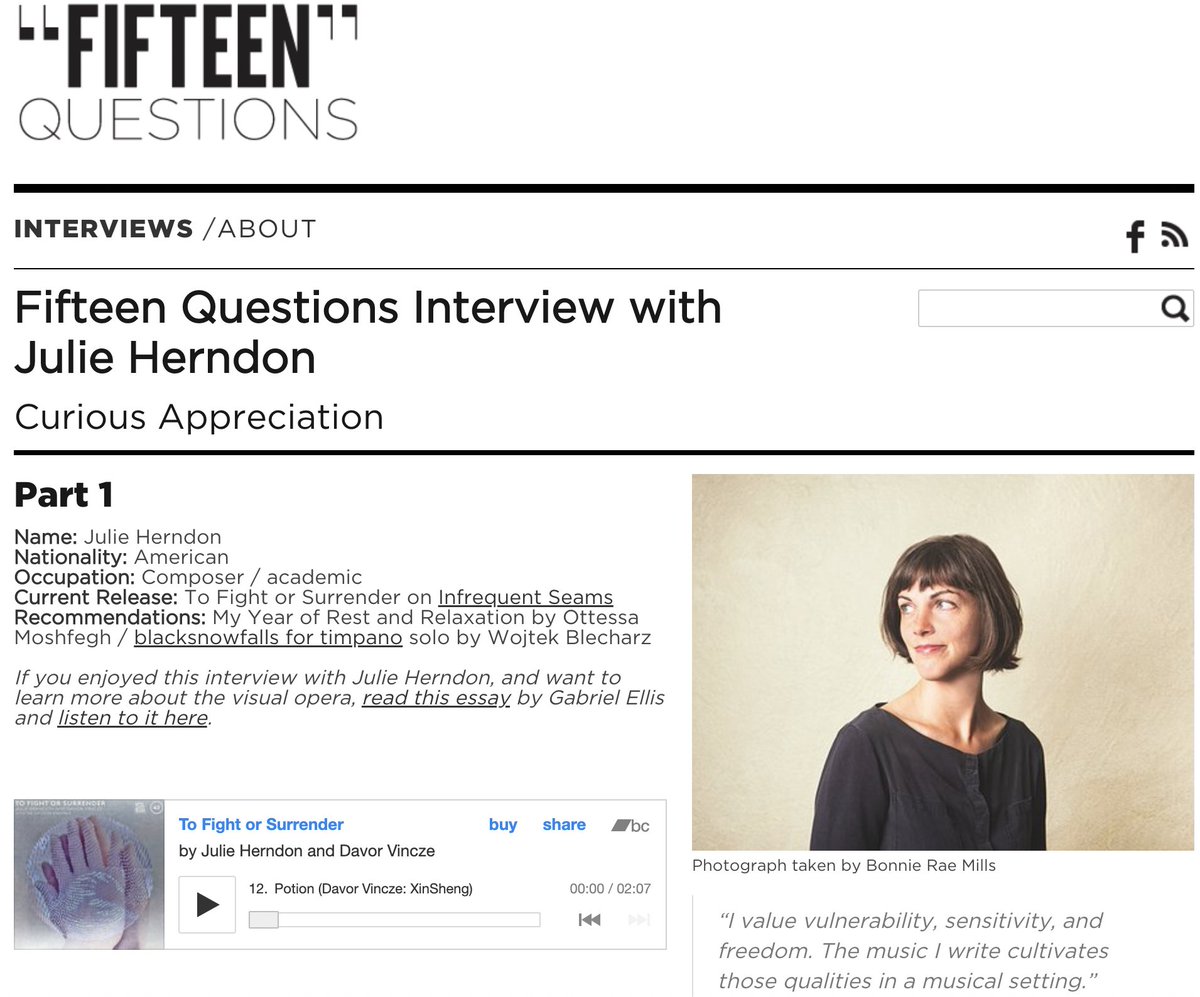 15 Questions for Julie Herndon! She &amp; Davor Vincze released 2 visual operas w/ #decoderensemble on @infrequent_seams! Films directed by Heinrich Horwitz, recorded for @musicbiennalezg last July. Stunning cover image by Irma Markulin. design by @Real_Krcatovich  #gertrudestein