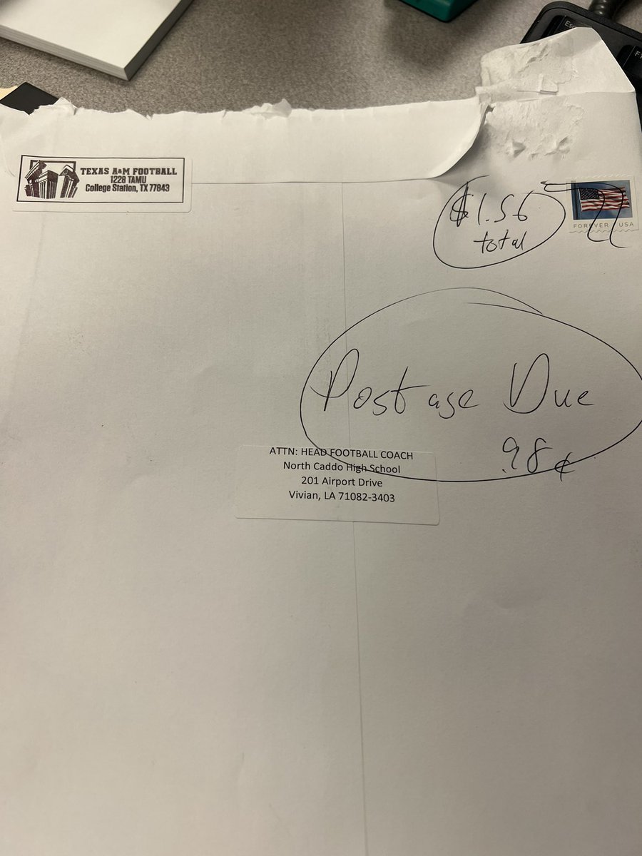 Coach_Kav's tweet photo. Thank you to Texas A&M for recruiting North Caddo Football. However, with all due respect I will not be paying for your postage. https://t.co/SsJWu4NAHK