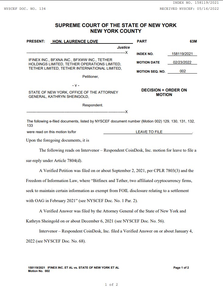 nikhileshde's tweet photo. NY Supreme Court Justice Laurence Love ruled that @CoinDesk may file an additional reply in an ongoing case involving Tether and the NYAG's office; CoinDesk filed a Freedom of Information Law request for documents on USDT's backing with the NYAG last year https://t.co/G4Qeq65tOZ https://t.co/DqttCCLKf8