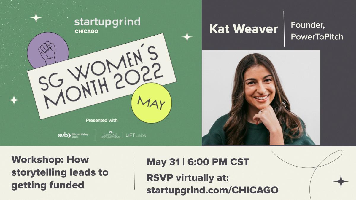 Join us on May 31st as we host the 22 time startup pitch winner <a href="/iamkatweaver/">Kat Weaver</a>, Founder of #PowerToPitch. Kat helps pre-seed &amp; seed Founders with their pitch to get funding. RSVP at: startupgrind.com/e/m6x5gs/ #SGWomen