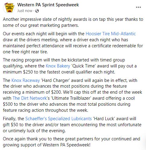 WesternPASpdwk's tweet image. Nightly awards are back for this year&apos;s edition of Western PA Speedweek! #16DaysandCounting