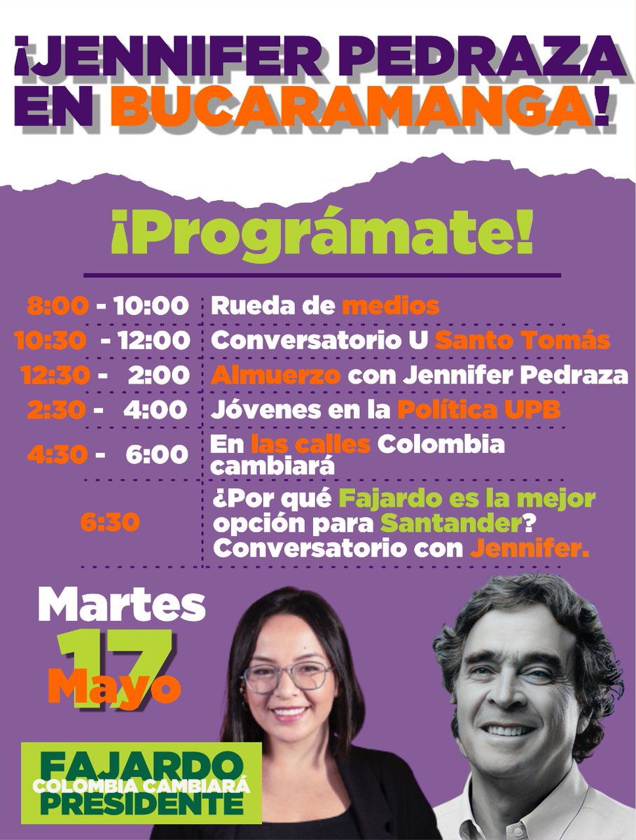 Compromiso_Sant's tweet photo. Les compartirmos la agenda de mañana, con la Santandereana más joven en el congreso @jenniferpedrazas.

¡Los esperamos!

#FajardoPresidente https://t.co/t5F3oM0ZFi