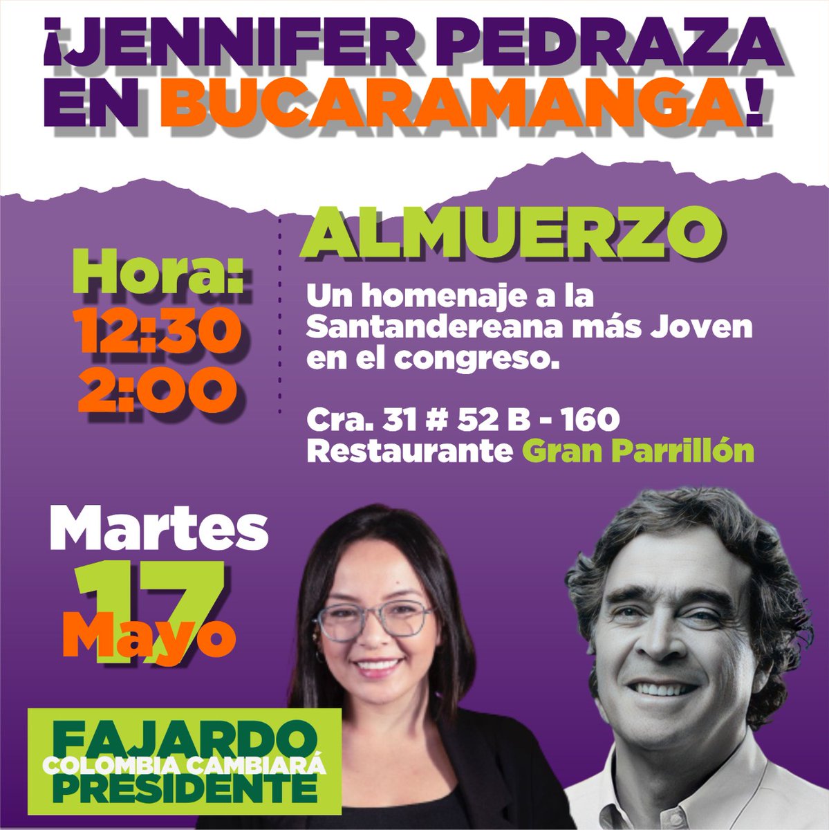 Compromiso_Sant's tweet photo. Les compartirmos la agenda de mañana, con la Santandereana más joven en el congreso @jenniferpedrazas.

¡Los esperamos!

#FajardoPresidente https://t.co/t5F3oM0ZFi